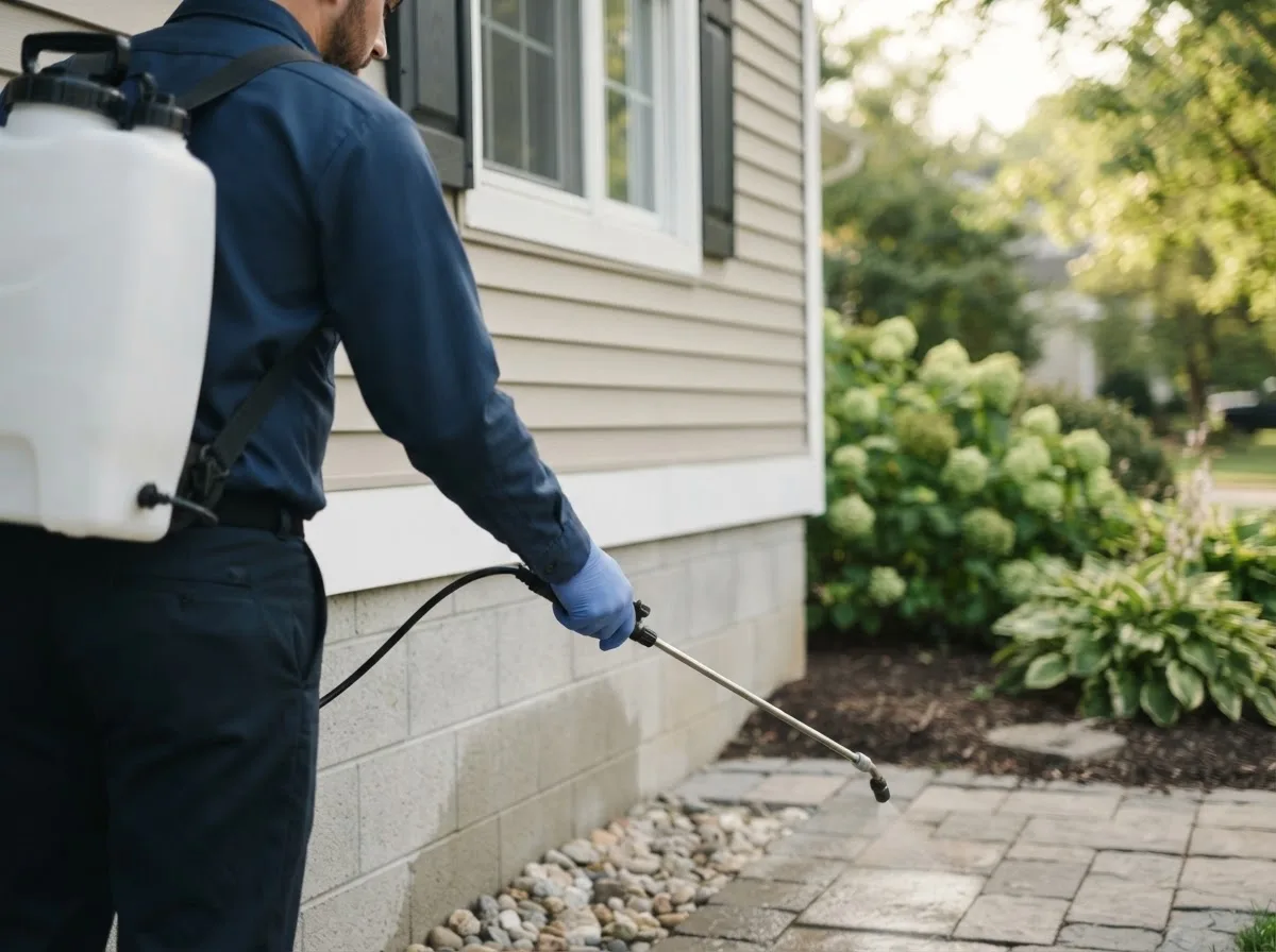 Pest control technician inspecting a home in Hillman, MI